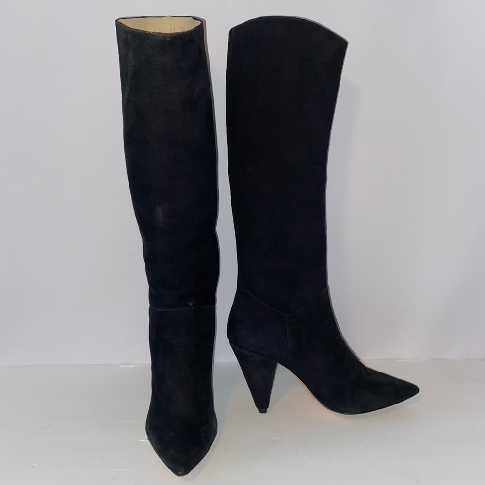 Black Leather Suede Calf High Boots Cone Heel Size 8